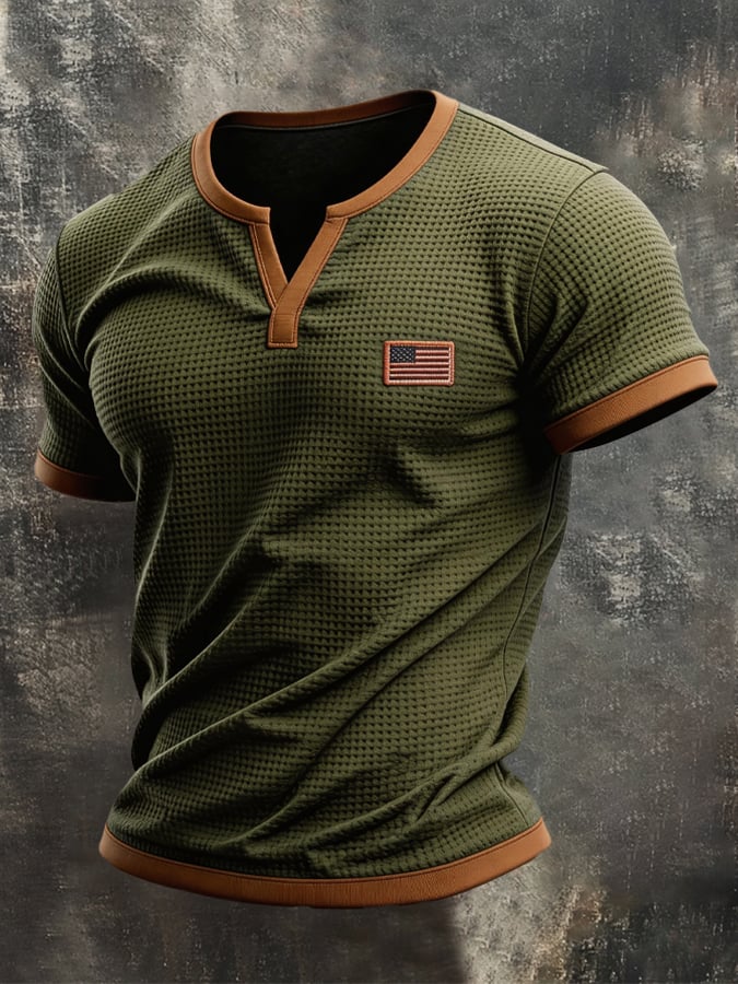 Men's Retro Color-block Waffle-Knit Henley T-Shirt