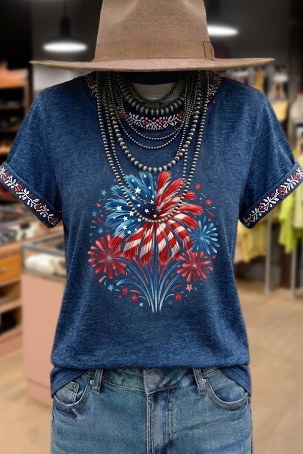 Vintage Patriotic Fireworks Print Round Neck Cotton T-Shirt