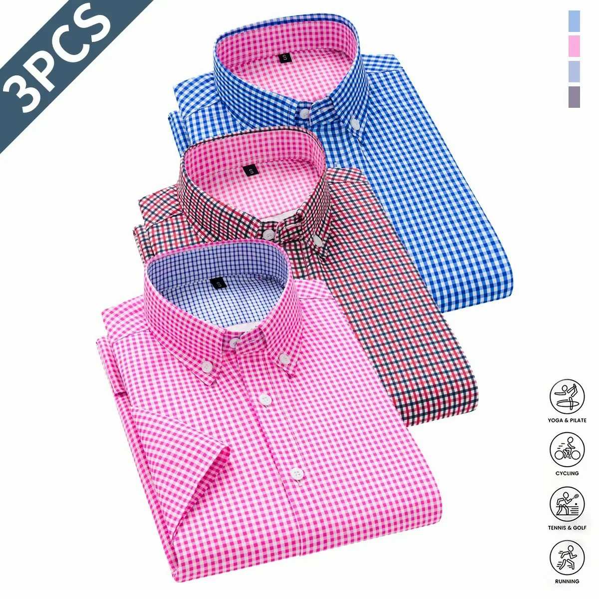3pcs Men's Shirt Short Sleeve Business Formal Striped Solid Color
