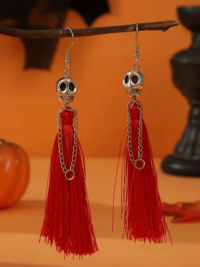 Halloween Skull Tassel Statement Earrings