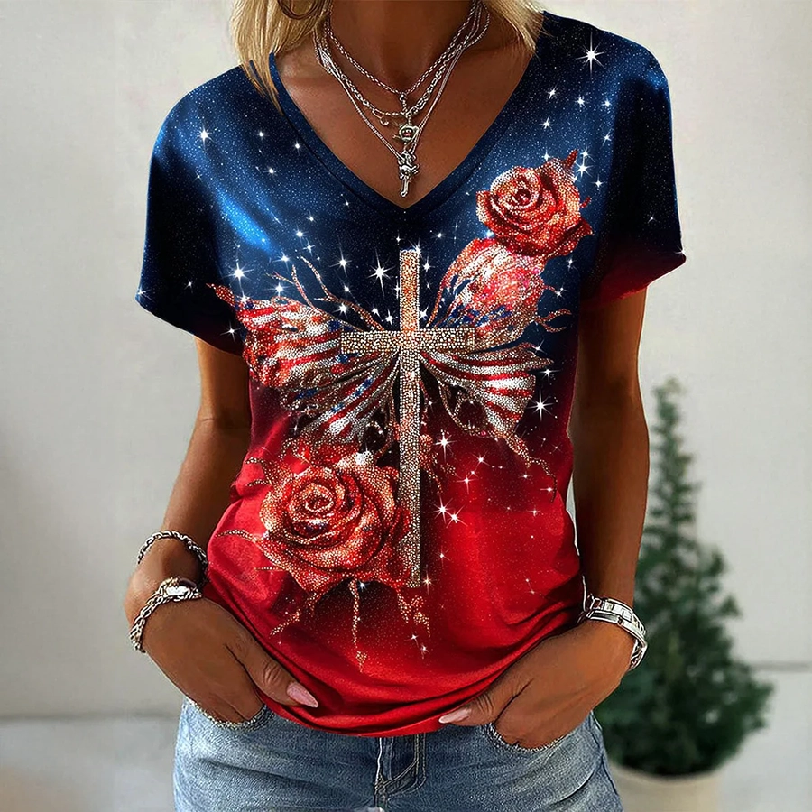 250Th Anniversary Of The Founding Of The United States Women'S Casual Brick Printed V-Neck T-Shirt