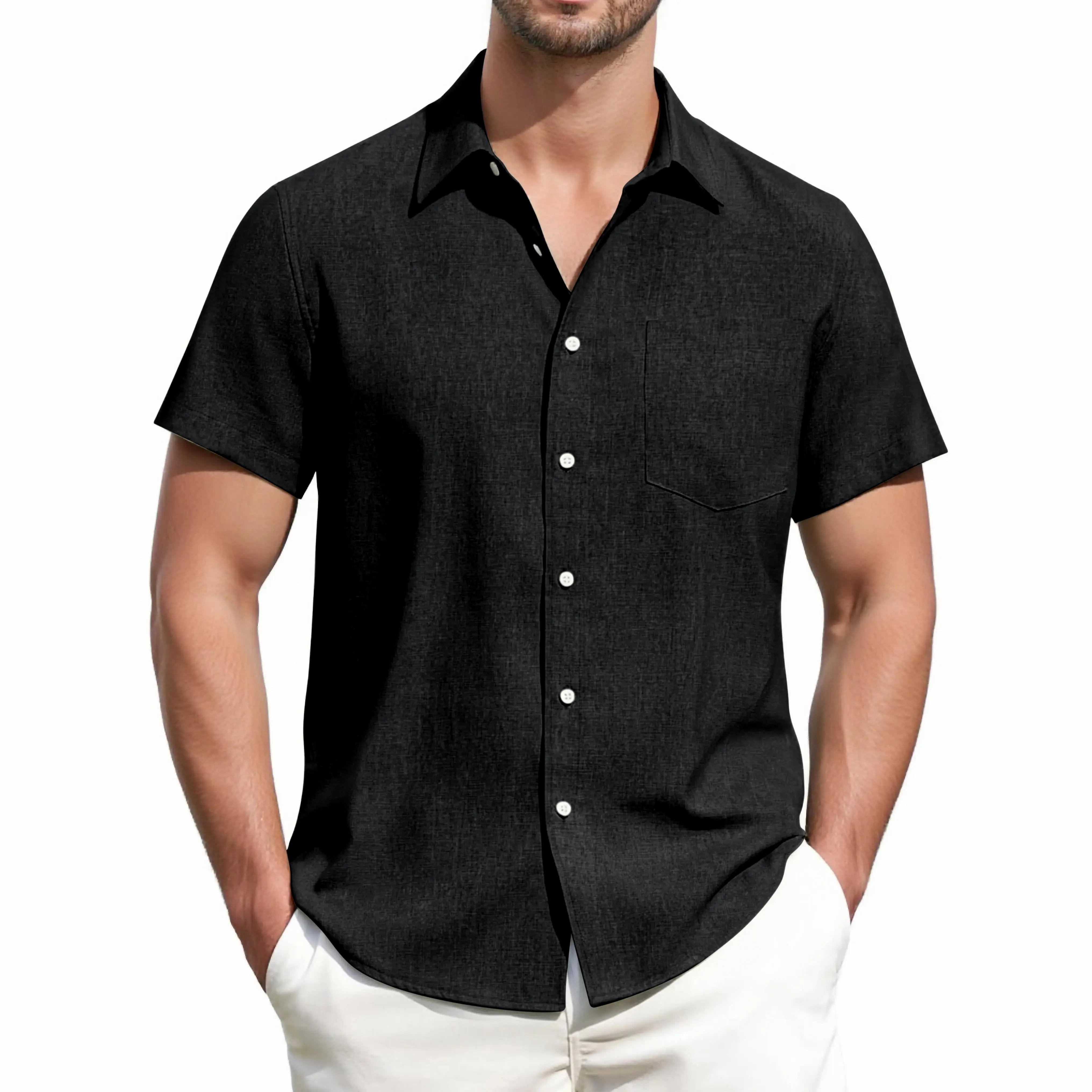 Men's Linen Short Sleeve Shirt – Breathable Lightweight Casual Button Down with Pocket