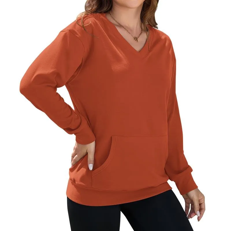 Women's hoodless V-neck fleece long-sleeved shirt with kangaroo pocket
