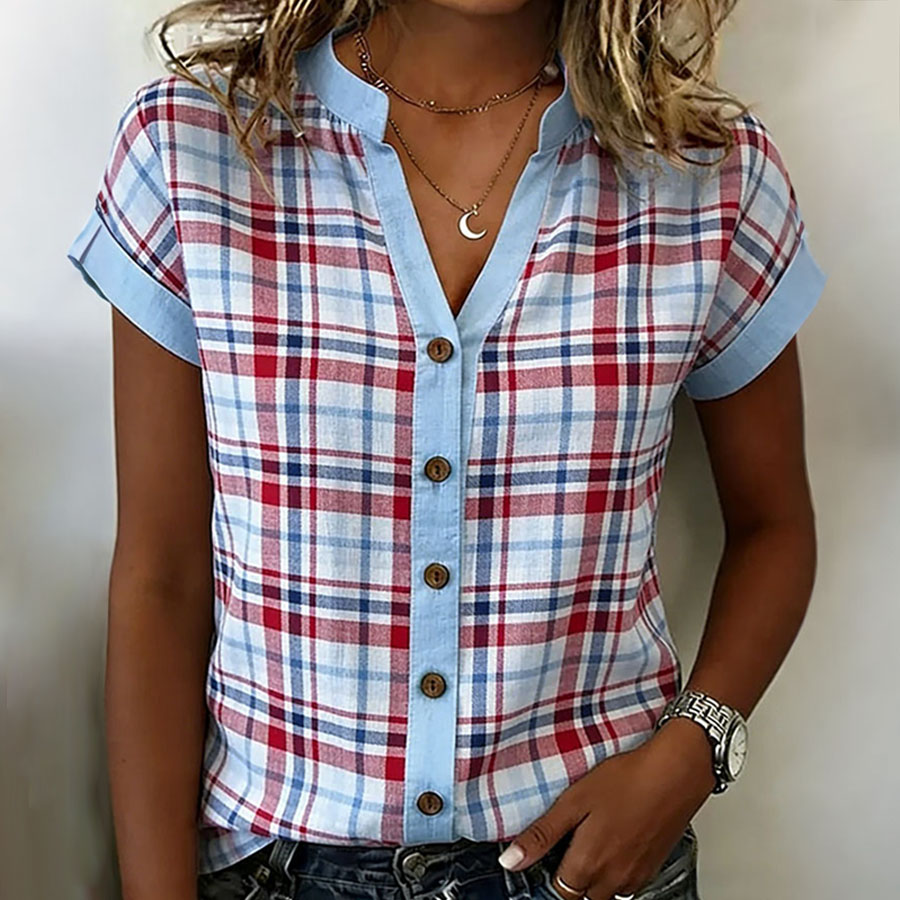 Women'S Red And Blue Contrasting Plaid Cotton Leprosy American Independence Day Casual Button Top For Daily Wear