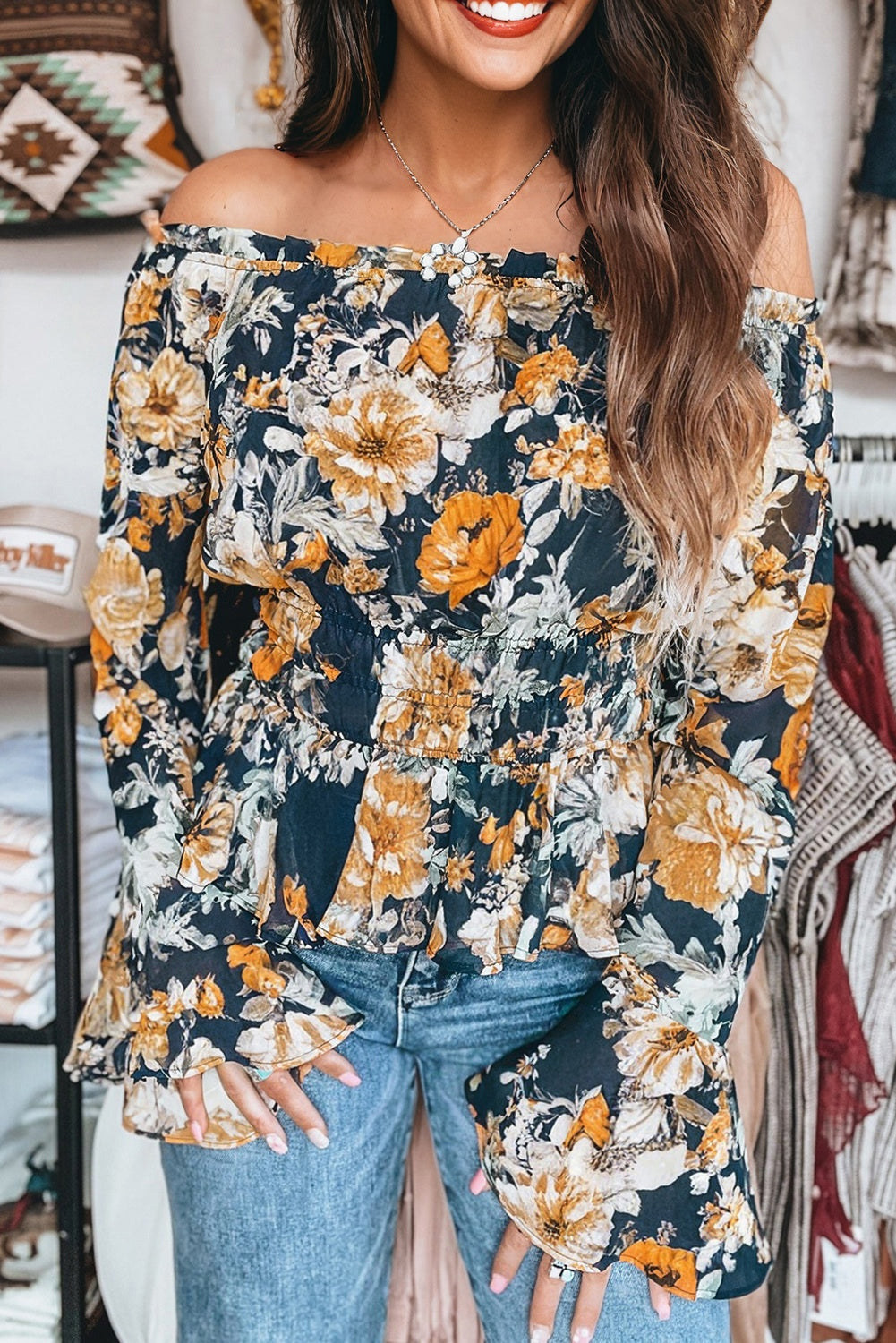 Blue Floral Off Shoulder Bell Sleeve Smocked Peplum Top