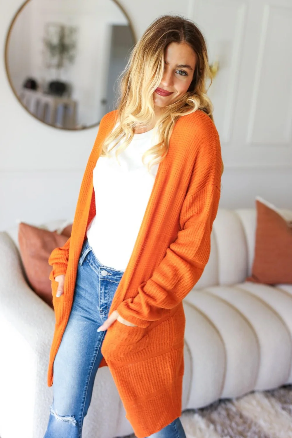 Fancy  Stripe Textured Open Front Cardigan with Pockets