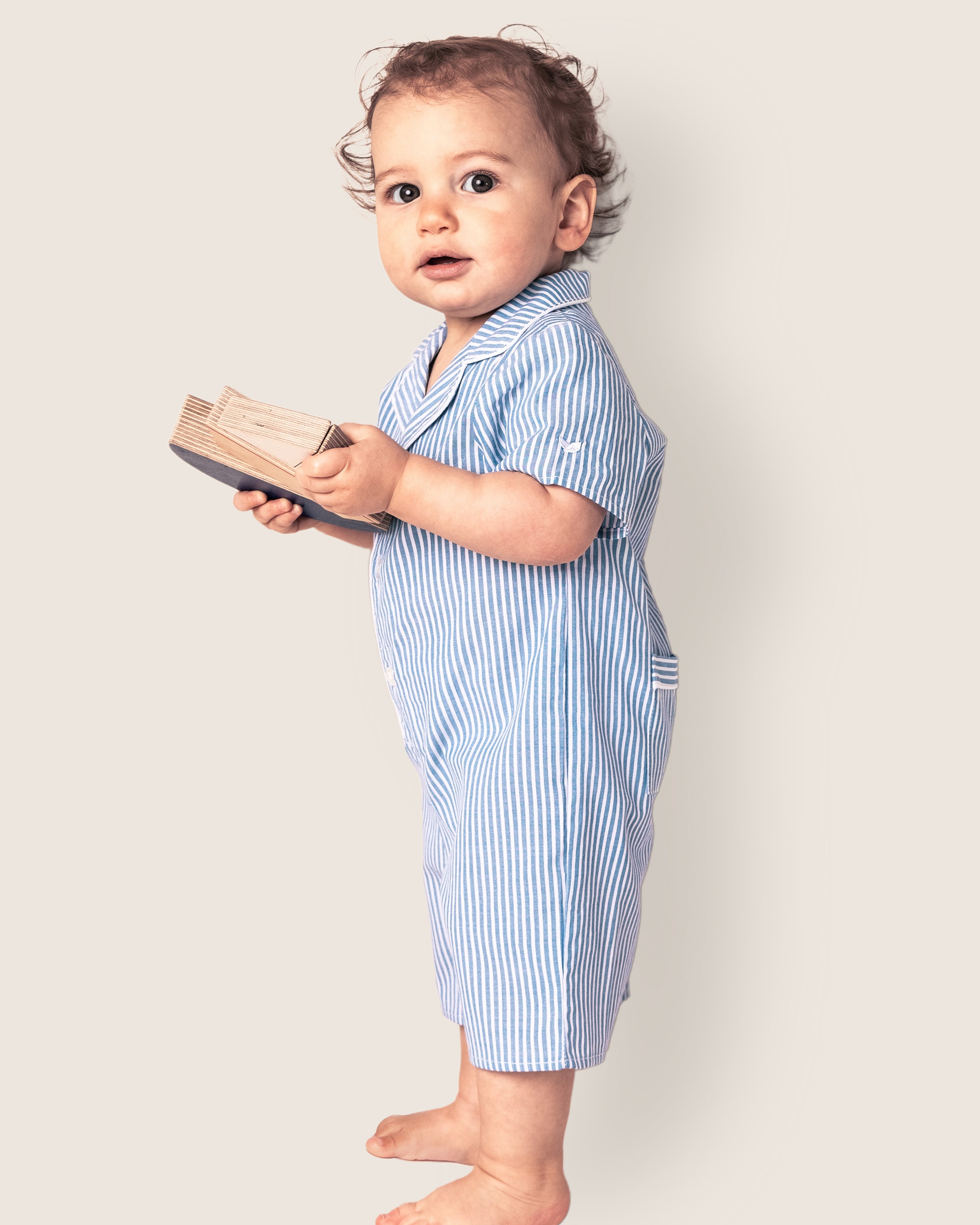 Baby's Twill Summer Romper in French Blue Heritage Stripe