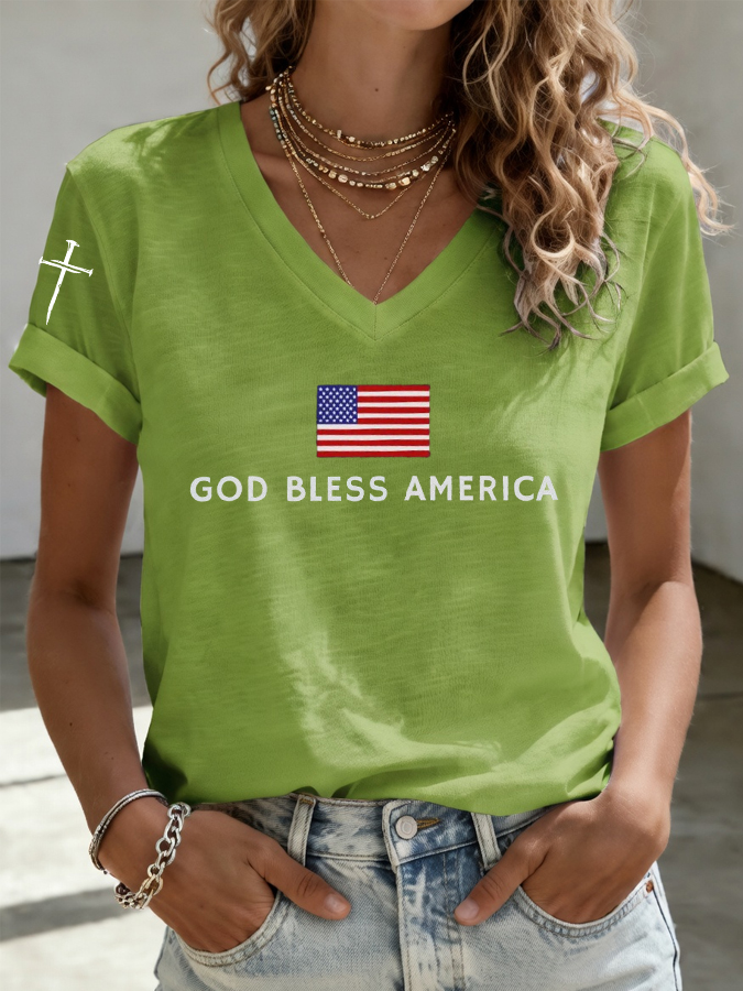 Women's God Bless America Print Casual T-Shirt