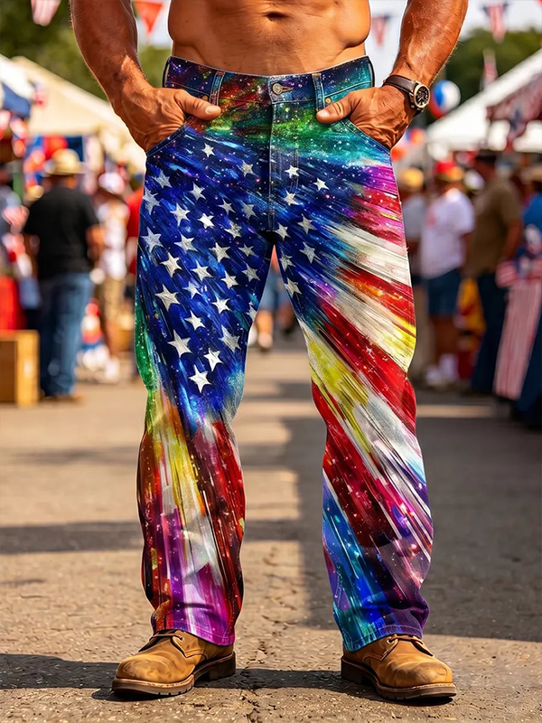 Men's Colorful Galaxy American Flag Art Print Casual Pants