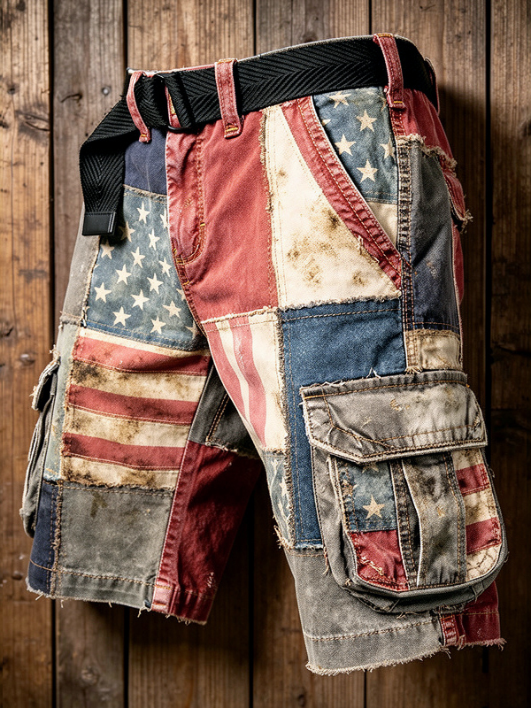 Men's Star Striped American Flag Color Block Art Print Denim-Like Casual Shorts
