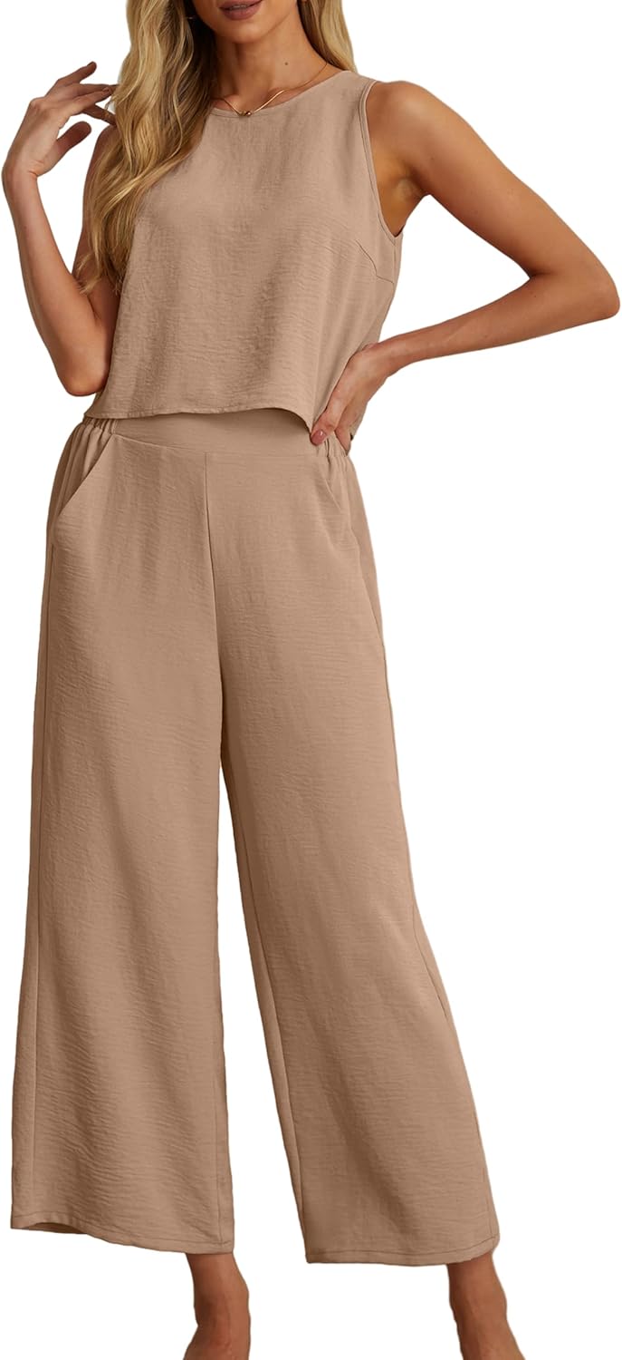 Women's Summer 2 Piece Outfits Set Round neck Sleeveless Tank Crop Top Wide Leg pants Set Pockets Jumpsuits