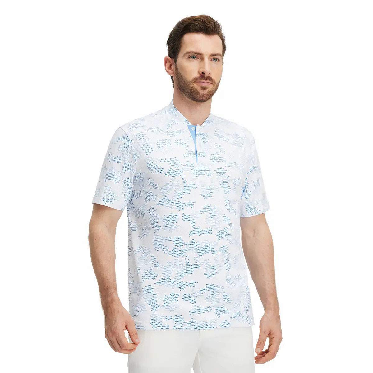 Men's Collarless Performance Golf Shirt – Dry Fit Stretch Henley with Printed Design