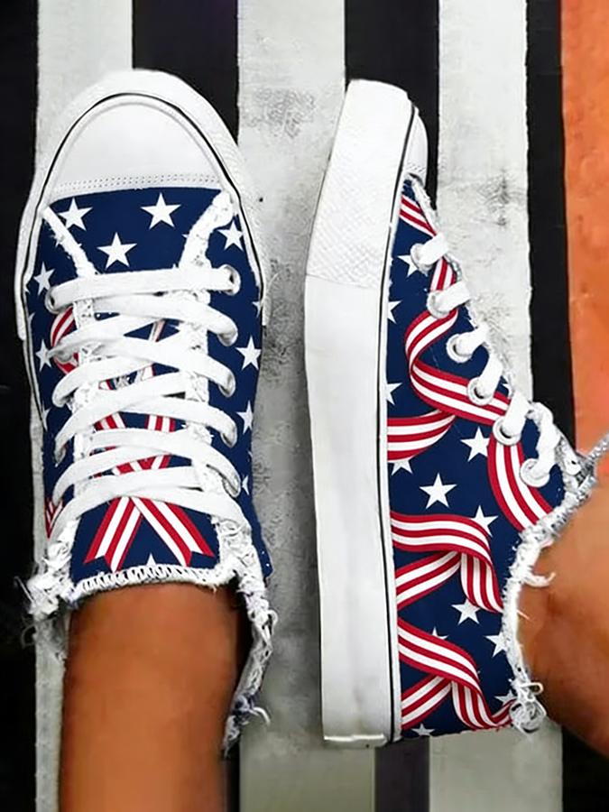 Women's USA Flag Ribbon Star Print High Top Canvas Sneakers