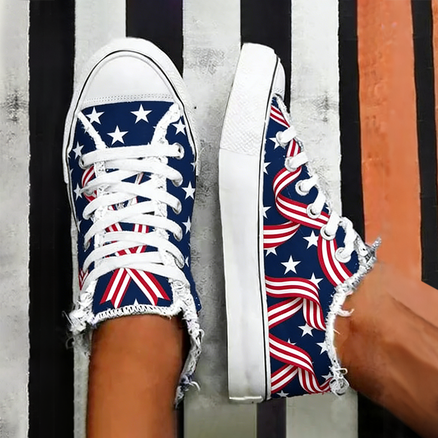 Women's USA Flag Ribbon Star Print High Top Canvas Sneakers