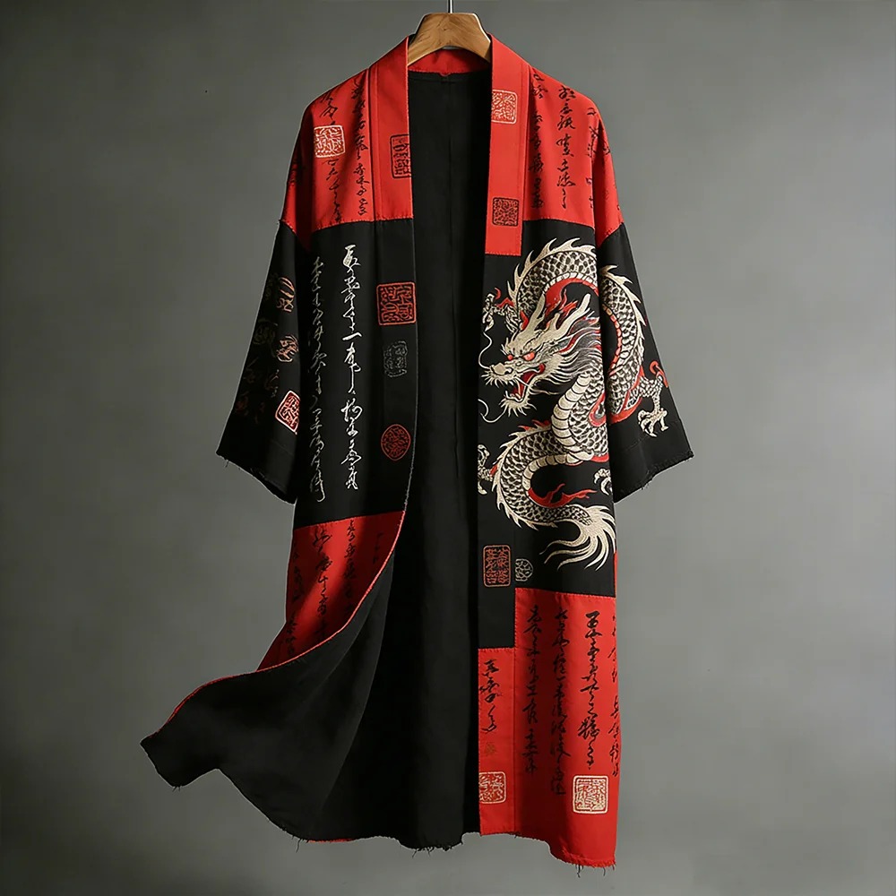 Men's Japanese Calligraphy And Dragon Print Linen Blended Kimono