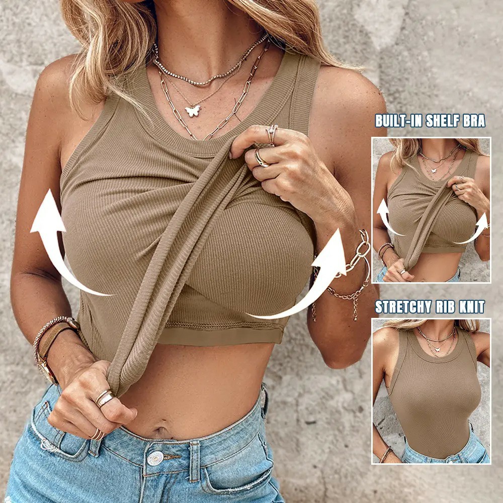 🔥Last day promotion! Seamless Ribbed Built-In Bra Racerback Tank Top for Women