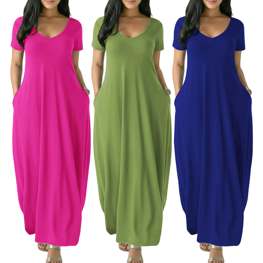 🔥🔥 Last Chance! 6 Pieces for $24.9, Today Only! 🔥Women's Long Coffee Color Dress, Casual Fitted Style, Large Round Neck Short Sleeve Pocket Sleepwear, Soft Fabric All Seasons Wear