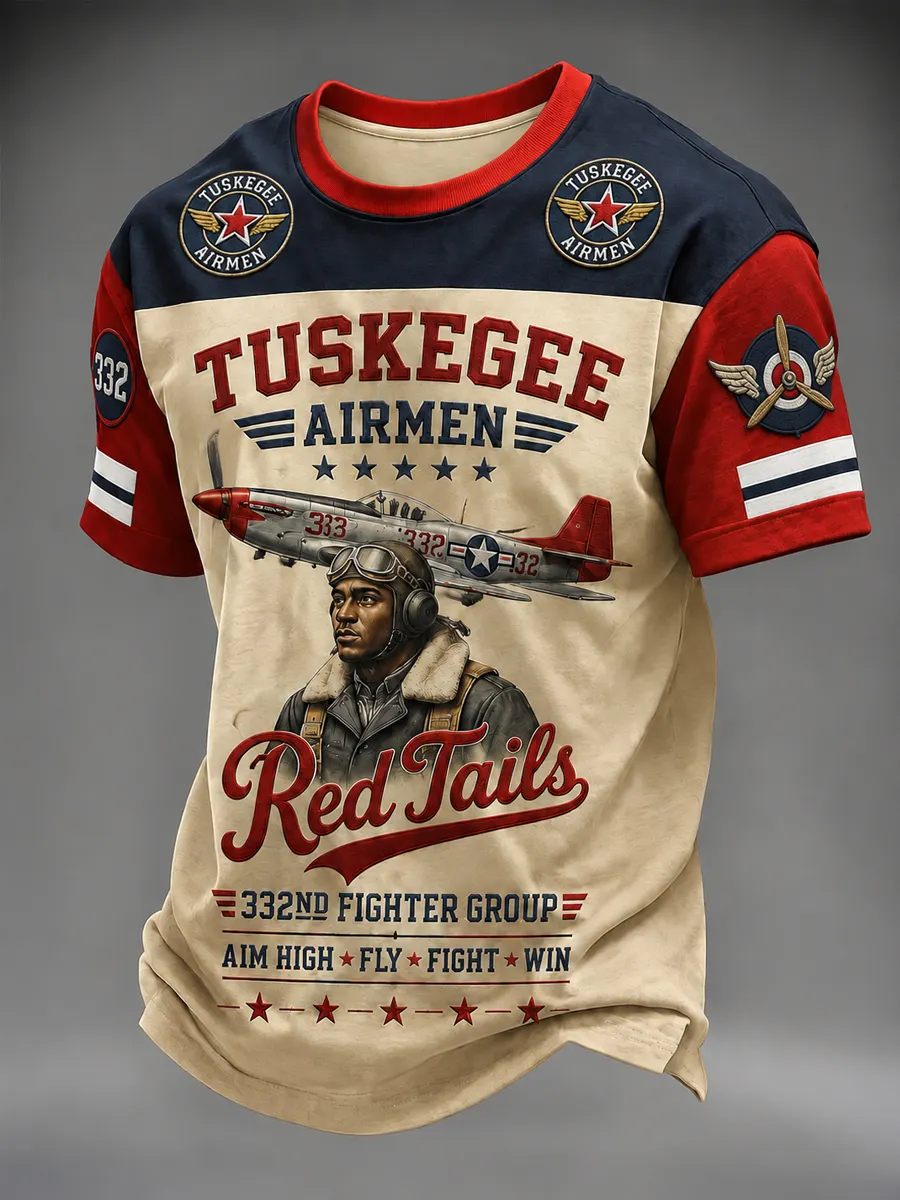 Men's Retro Tuskegee Pilot Red Tail Print  Casual T-Shirt