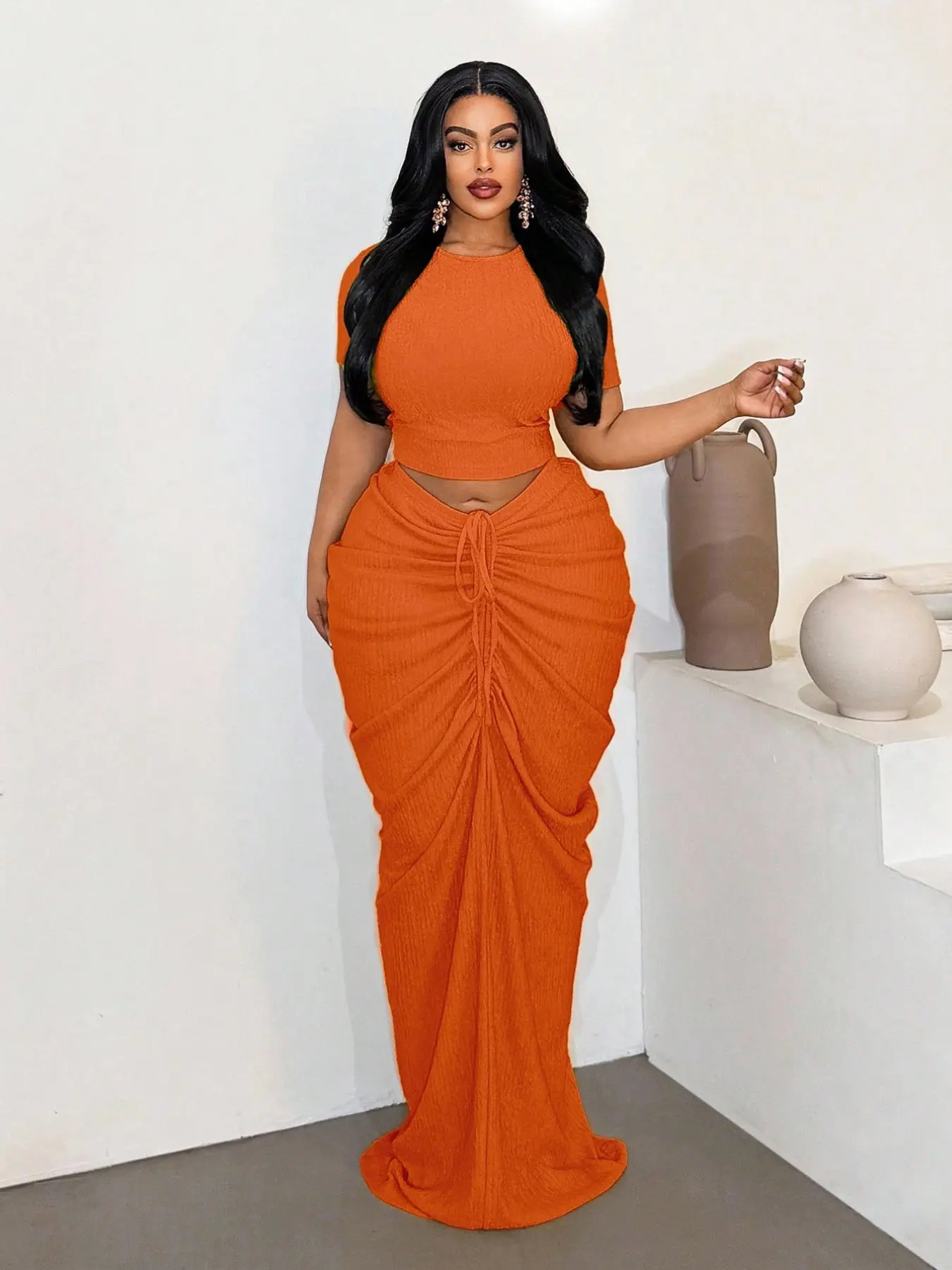 Plus Size Two-Piece Women's Set, Ribbed Short Top & Drawstring Pleated Skirt, Sexy Slim Fit Evening Party Dress