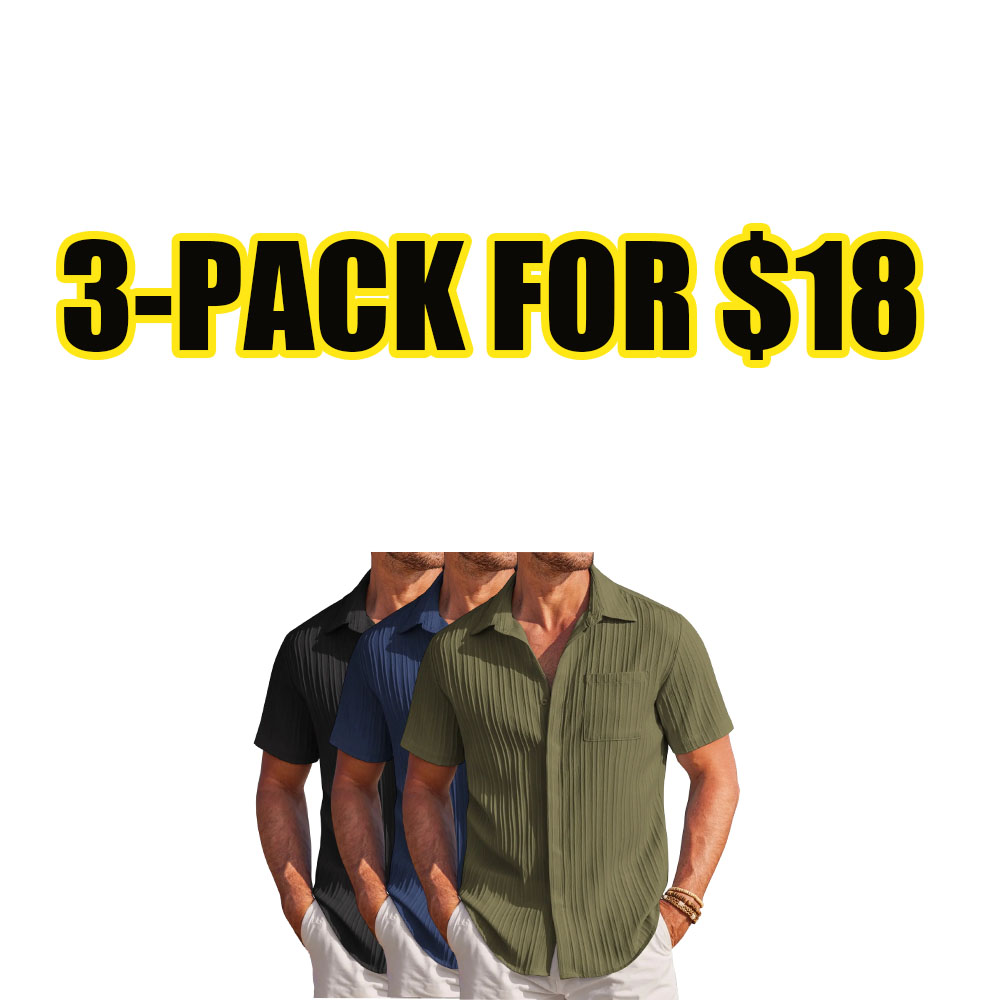 👔 Men’s Navy Textured Short Sleeve Button Down Shirt – Casual Summer Beach Shirt