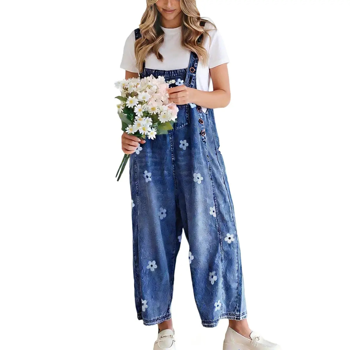 Women's Floral Printed Adjustable Strap Denim Bib Overall
