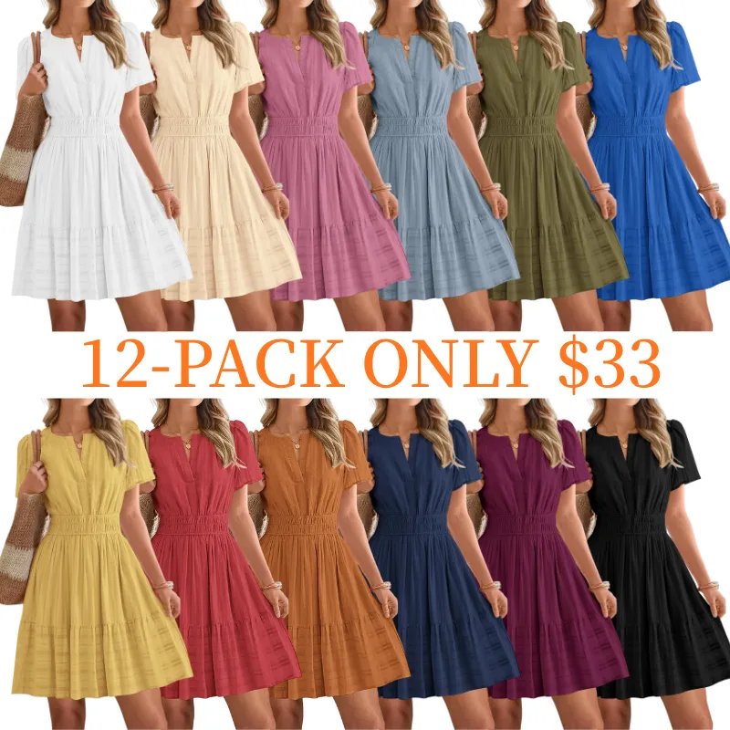 8-pack $24🔥Women's V-Neck Elastic Waist Mini Dress with Pockets💝