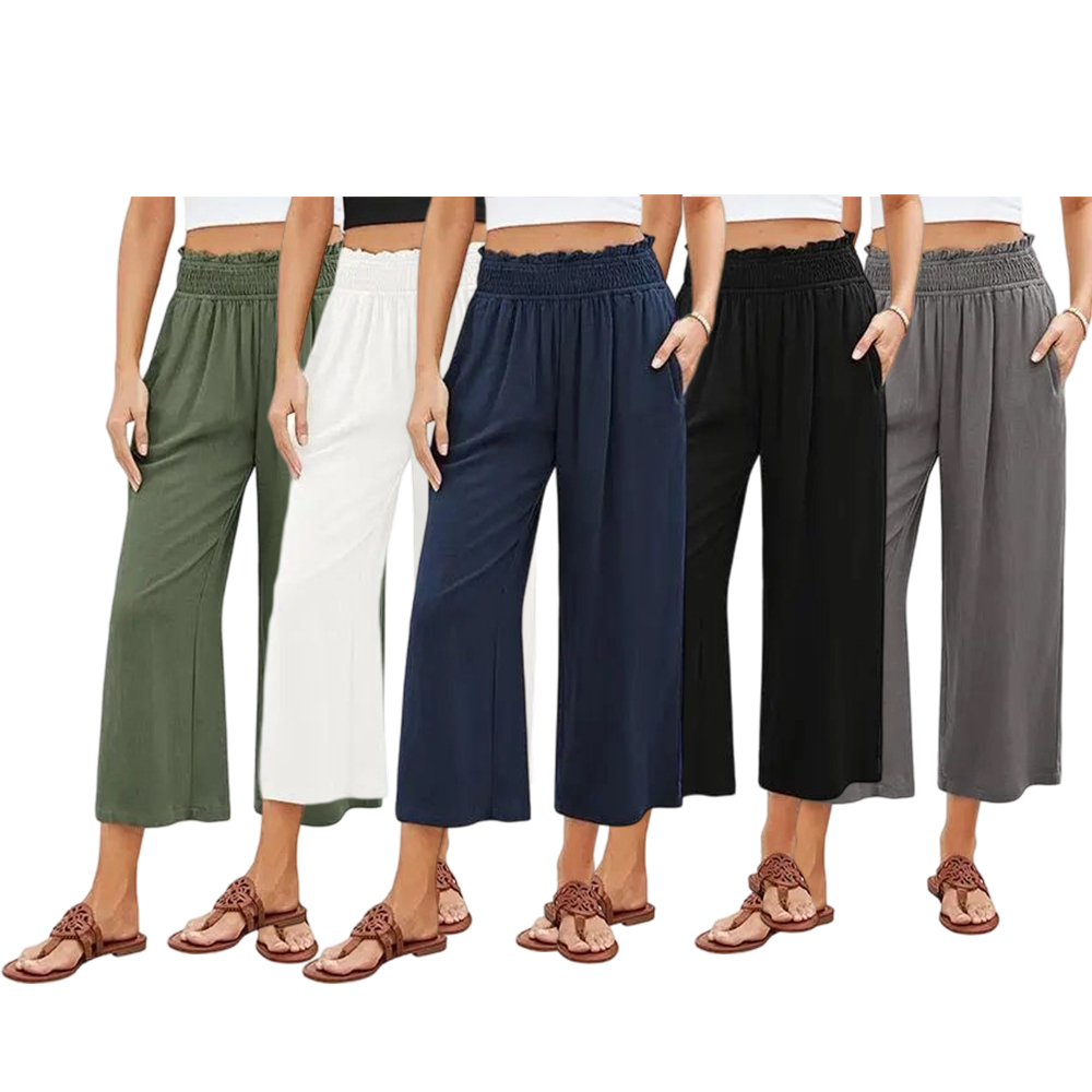 Linen Capri Pants for Women High Waisted Wide Leg Linen Palazzo Trousers Pull On Elastic Smock Waist Loose Flowy Pants