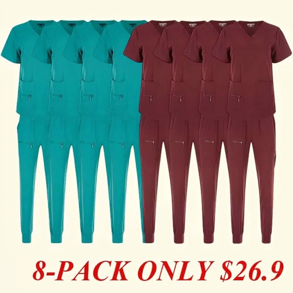 Women's Stretch Jogger Scrubs Set Solid V-Neck Nursing Uniform Quick Dry Breathable