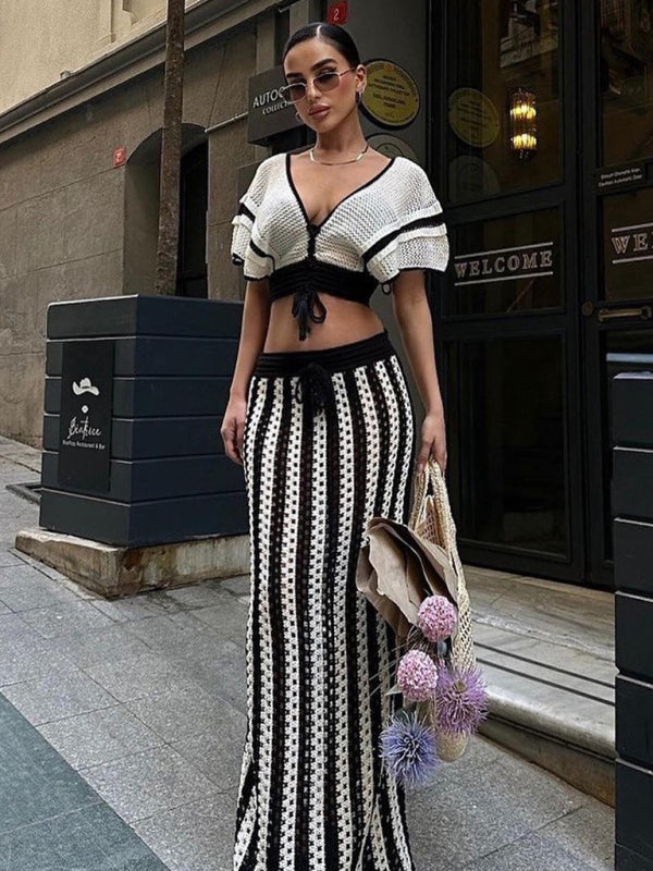 Deep V-Neck Hollow Knit Striped Floor Length Dress