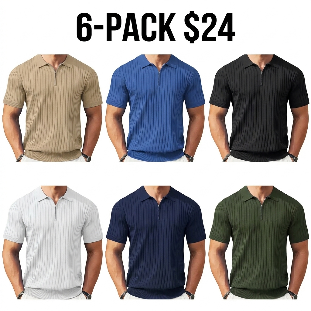New York Fashion Week Men's Zipper Polo Shirts Short Sleeve Ribbed Knit Polo T Shirts