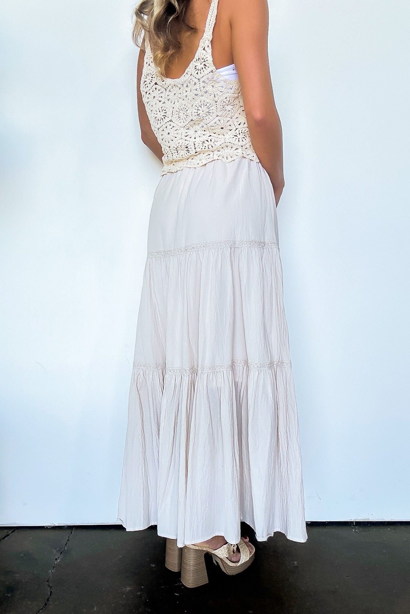 Crochet Detail Tiered Maxi Skirt