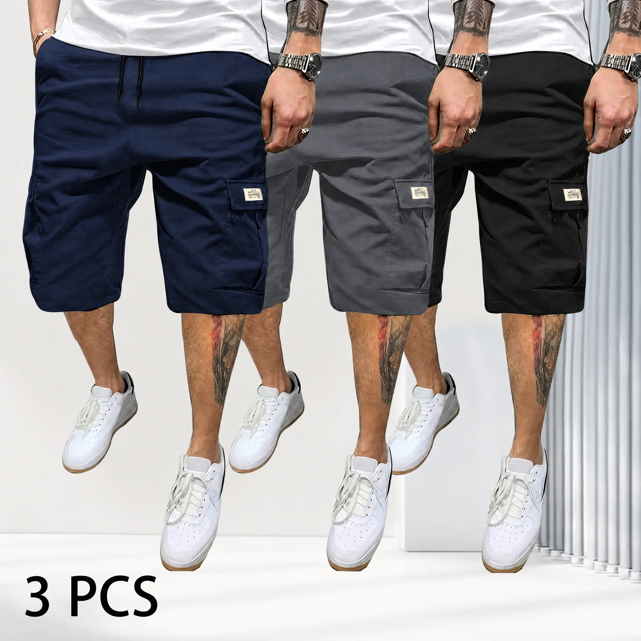 Men's slim-fit shorts—featuring multiple slanted pockets.
