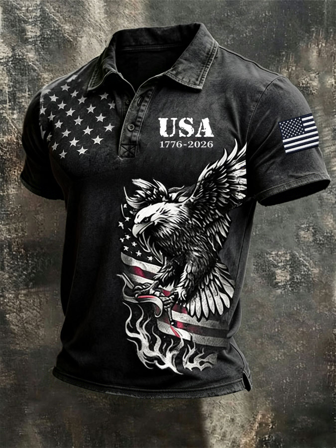 Men'S  American Flag Print Casual Polo Shirt