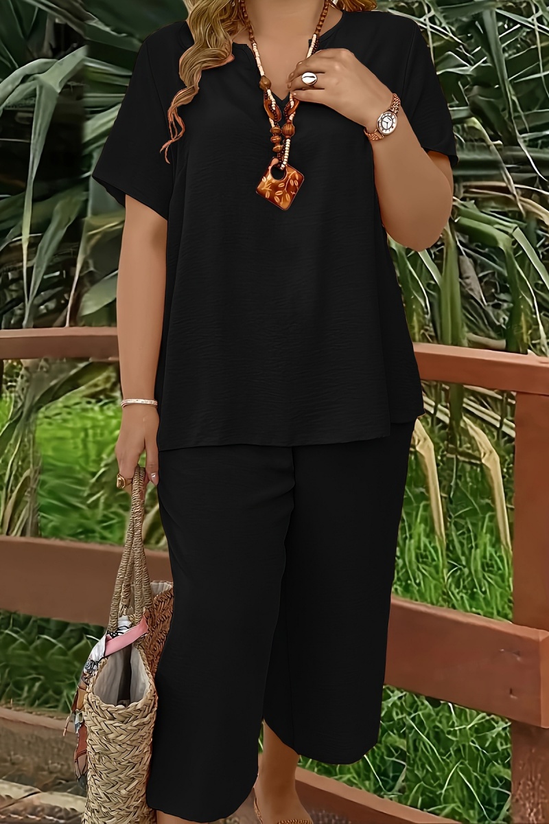 Elegant Plus Size Women's Solid Color Short Sleeve Fashion Top & Casual Wide Leg Pants Set
