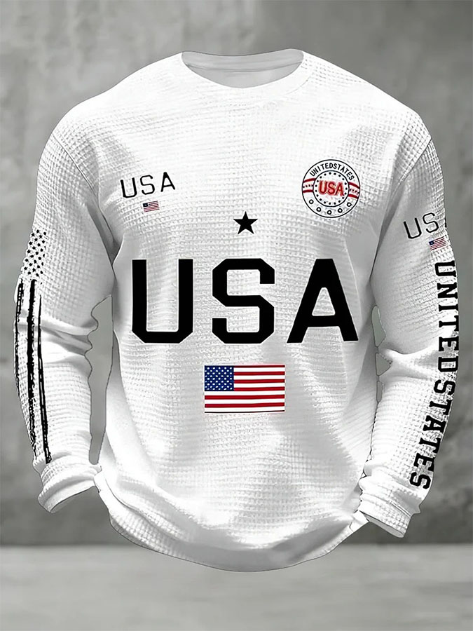 Men'S Retro Waffle American Flag Commemorative 250Th Anniversary Printed Long Sleeve Round Neck Sweatshirt
