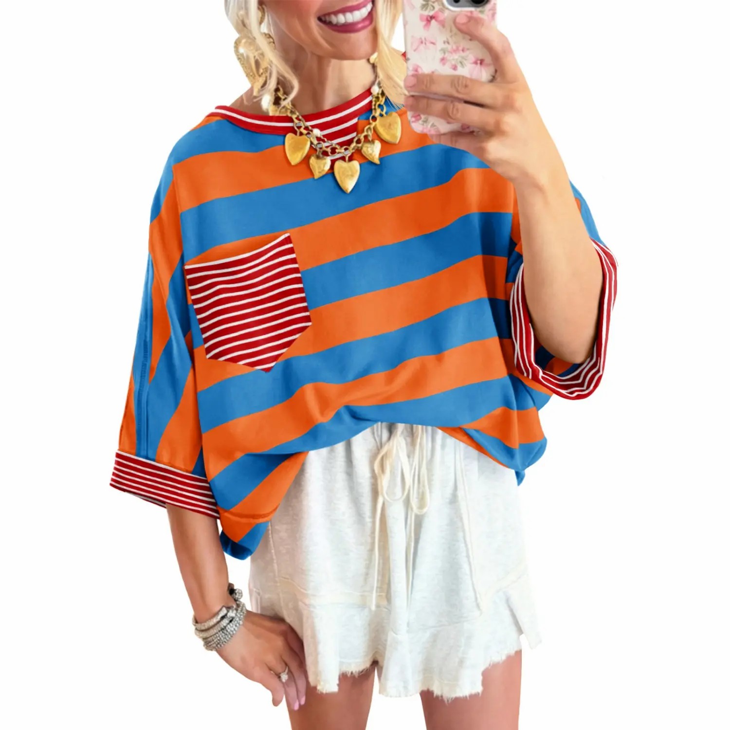 Women's Striped Drop Shoulder Cotton T-Shirt – Loose Fit Half Sleeve Pocket Blouse