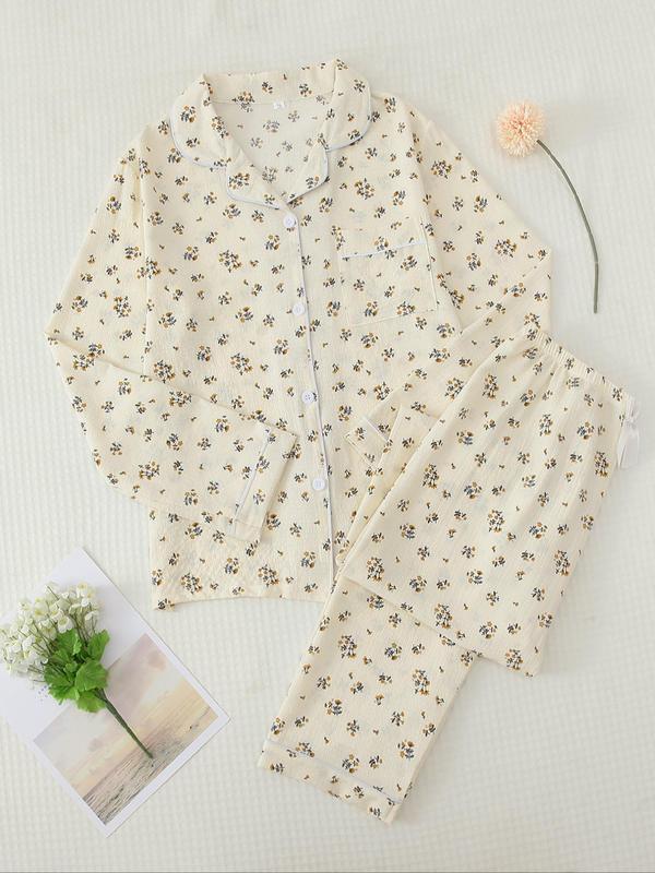Women's Button Front Blouse & Bow Front Contrast Binding Pants Pyjama Set, Casual Long Sleeve Lapel Top & Trousers, Summer Outfits 2024, Sleepwear for Spring & Fall, National Day Offers
