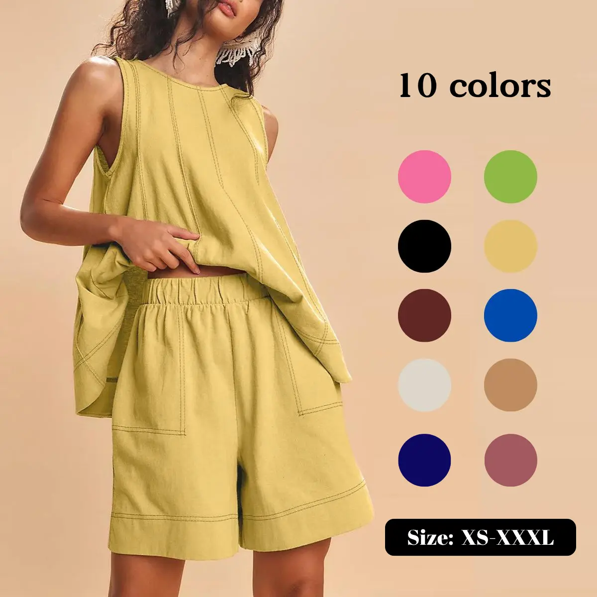 Women's Cotton Two Piece Outfit - A-Line Tank & High-Waist Shorts