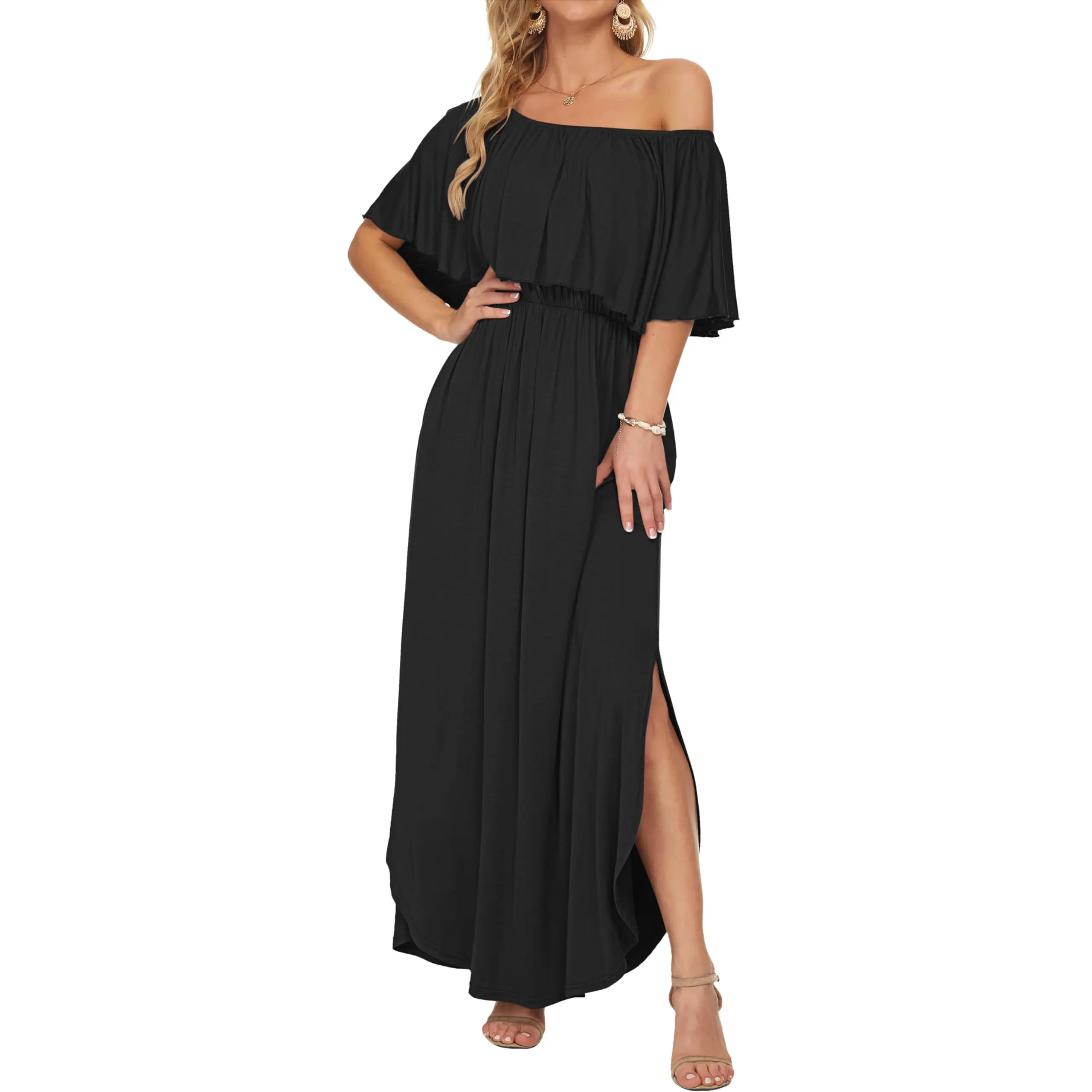 Womens Off The Shoulder Dress Wedding Guest Dress Summer Casual Long Ruffle Party Side Split Beach Maxi Dresses with Pockets