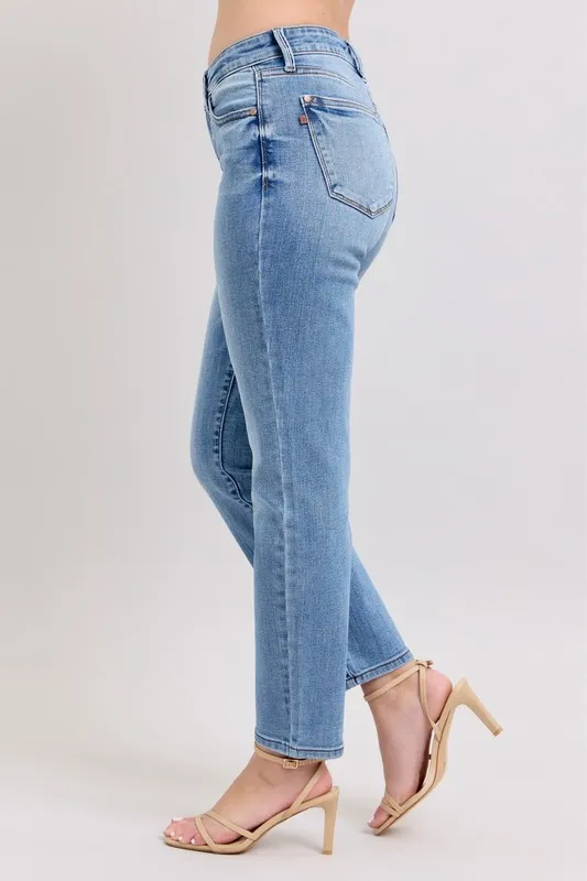 Blue Full Size Mid Rise Vintage Wash Slim Jeans with Cell Phone Pocket Plus Size