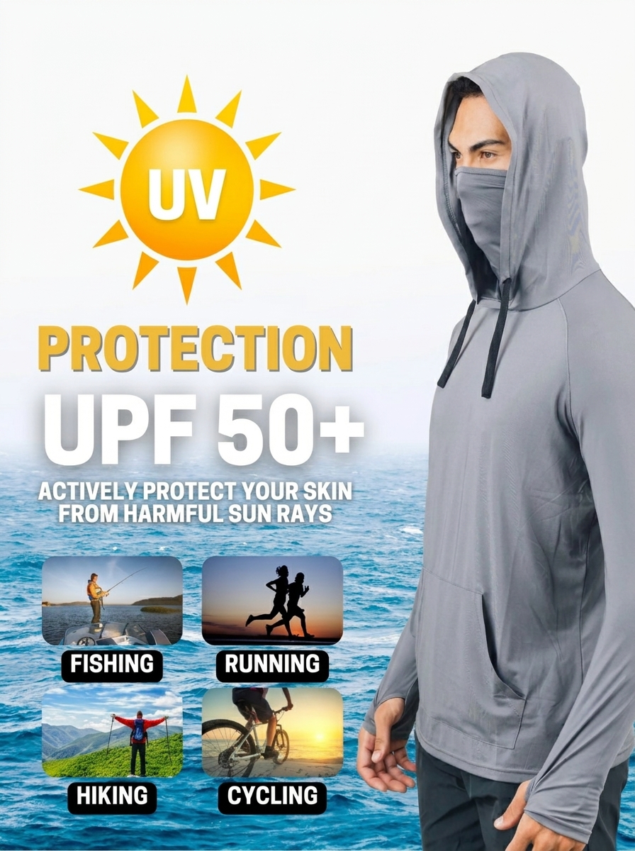 🔥Men's UPF 50 Hooded Long Sleeve Outdoor Shirt with Gaiter Lightweight Moisture Wicking Fishing & Construction Work Wear