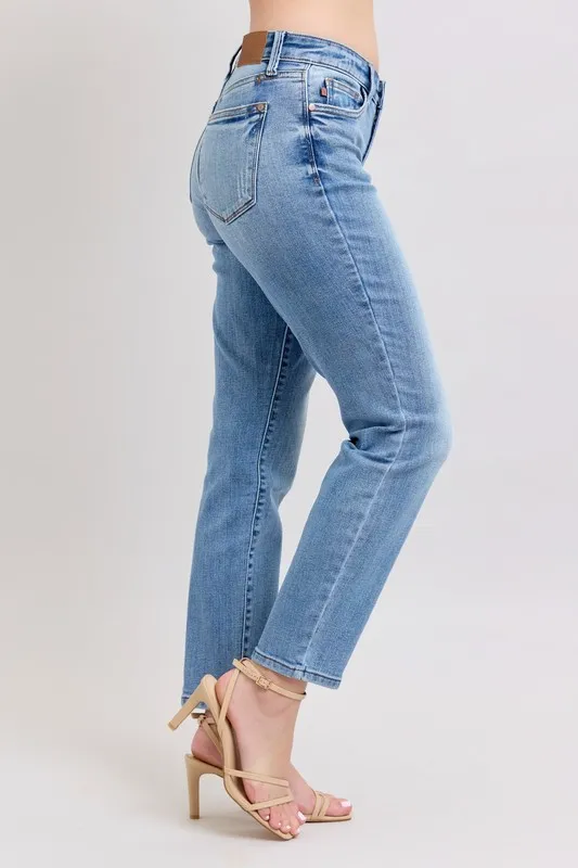 Blue Full Size Mid Rise Vintage Wash Slim Jeans with Cell Phone Pocket Plus Size