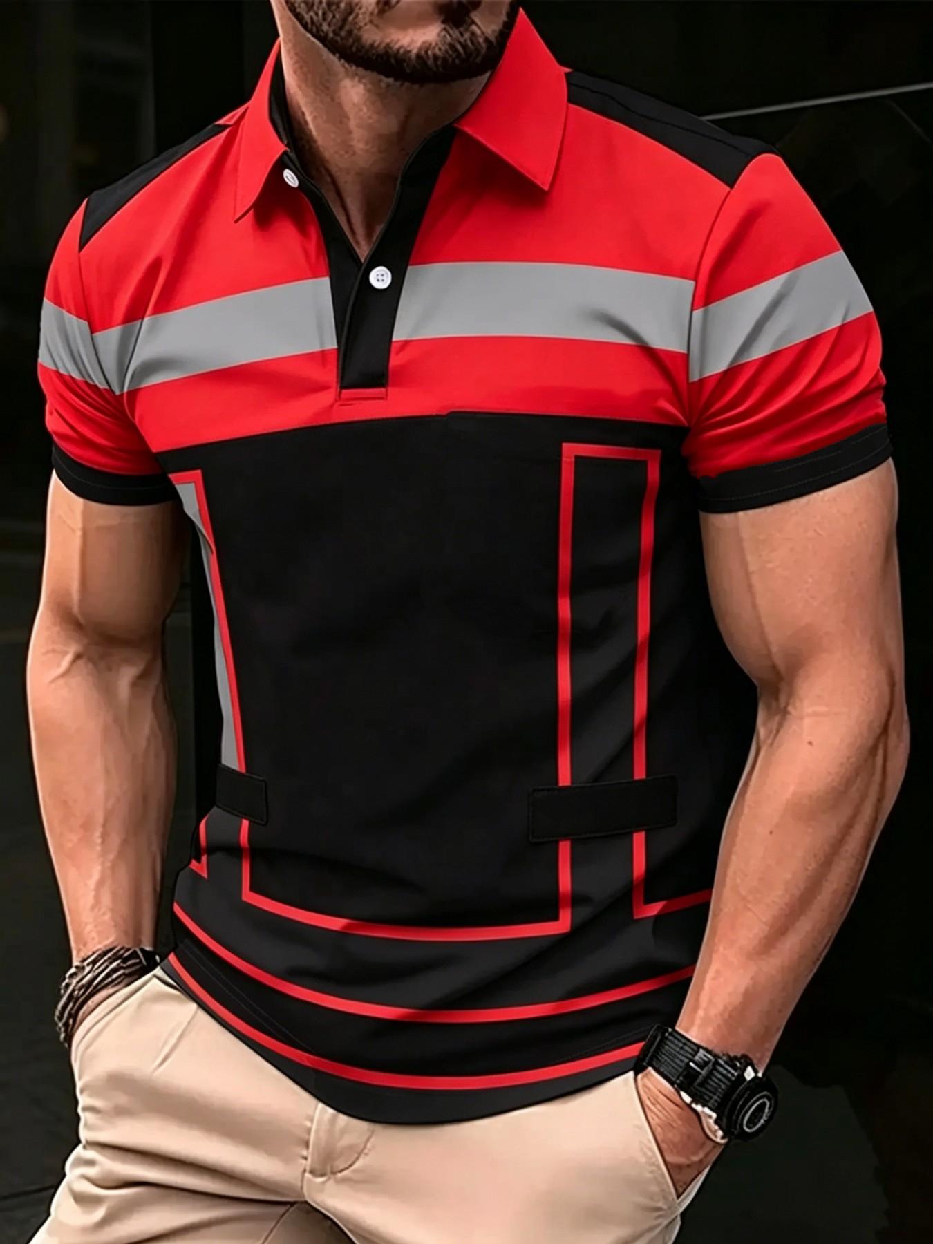 Men's Short-Sleeve Polo Shirt, Casual 3D-Print Golf Shirt, Striped Pattern, Sporty Style