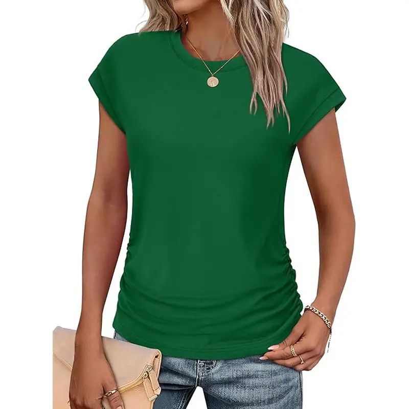 Womens Summer Tops Trendy 2026 Ruched Cap Short Sleeve Tshirts Shirts Crew Neck T Shirts Fashion
