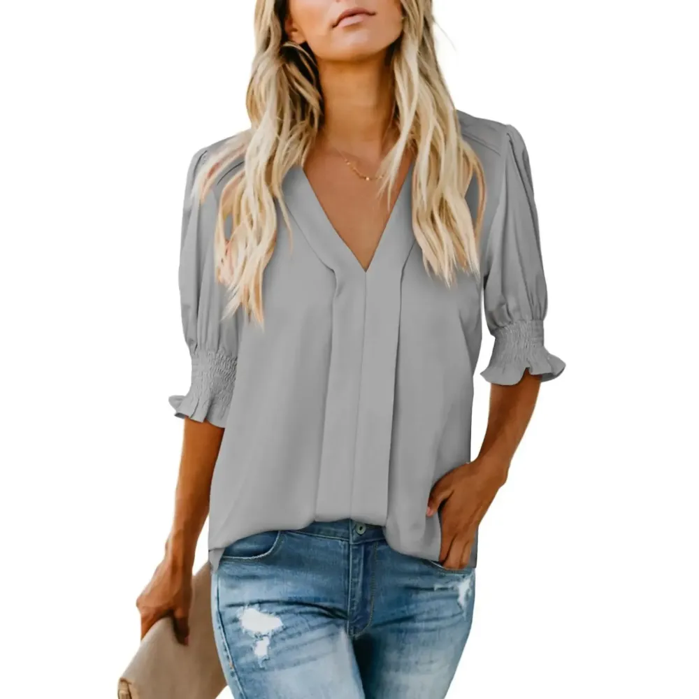 Womens Graphic Solid V Neck T Shirts Tops Casual Ruffle Short Sleeve Blouses Boho Floral