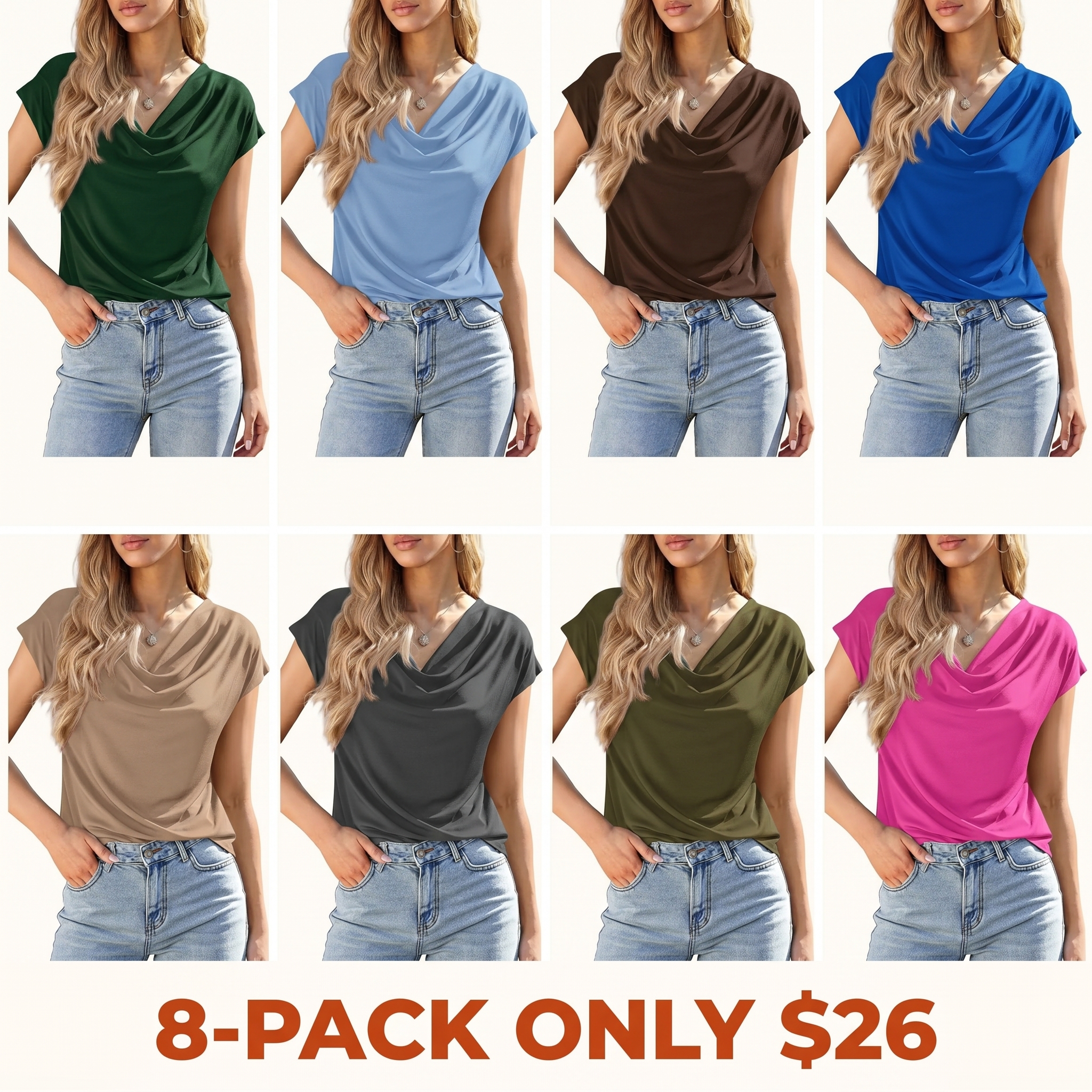 Women's Cowl-Neck Short-Sleeve Top — Elegant Casual Wear, Summer Shirt