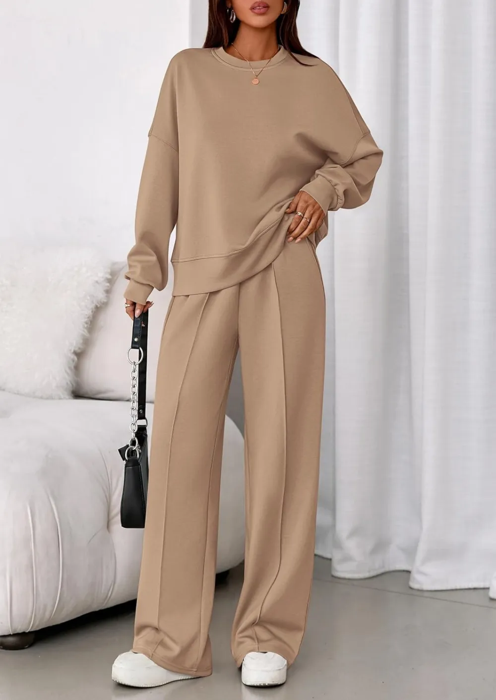 2 Piece Sets For Women Fall Trendy Long Sleeve Sweatshirt Wide Leg Pants Loungewear