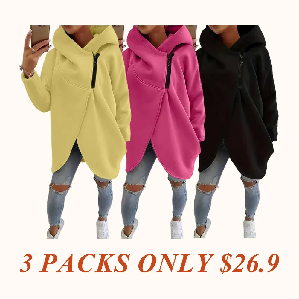 Women's Plus Size Hooded Sweatshirt, Full Zip Fashion Design, Asymmetrical Hem