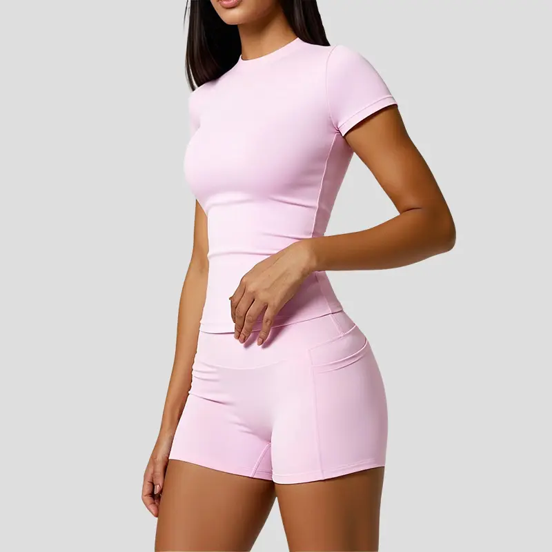 Women's 2-Piece Dry Fit Performance Sports Set, Round Neck T-Shirt & High Waist Pocket Shorts, Casual Comfortable Activewear, Yoga Outfit for Gym Running, Summer Matching Sets for Women