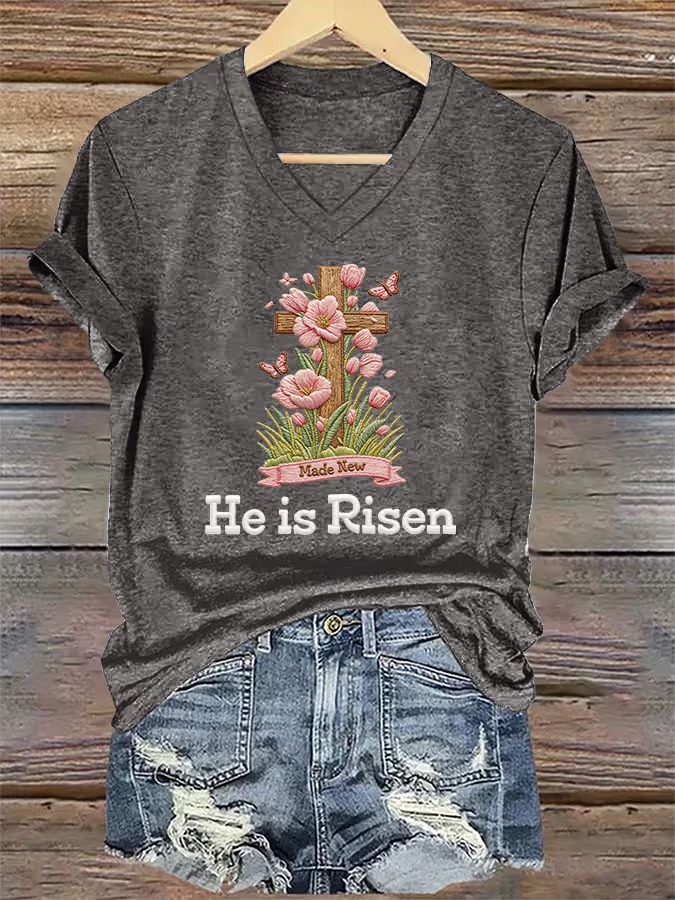 Women's He Is Risen Print V Neck T-shirt